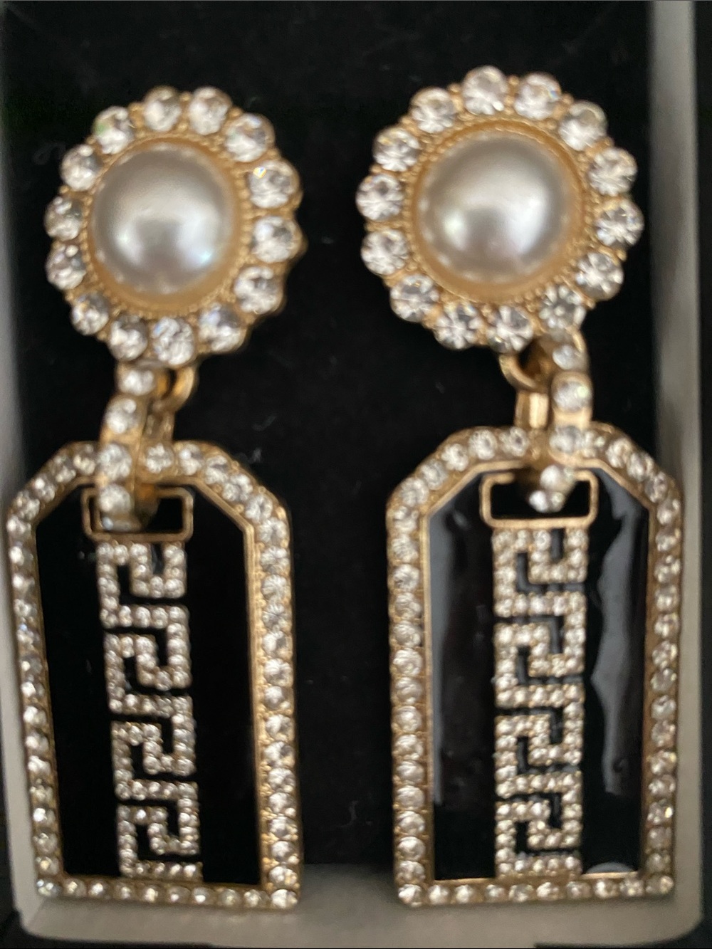 Gold and Black Drop Earrings with Pearl Accent